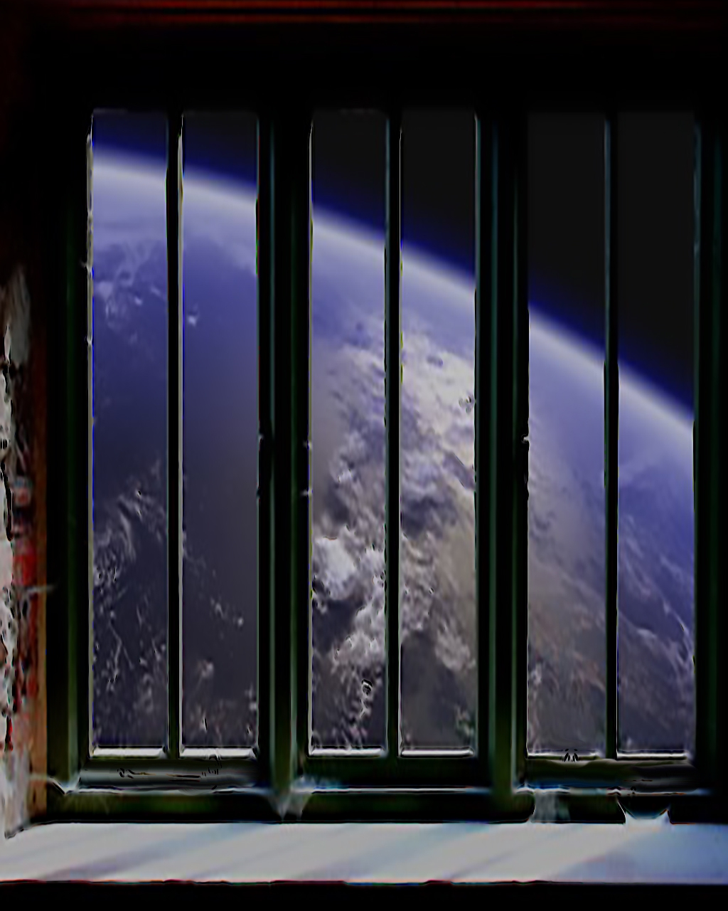A view of Earth from orbit through stylized windows.